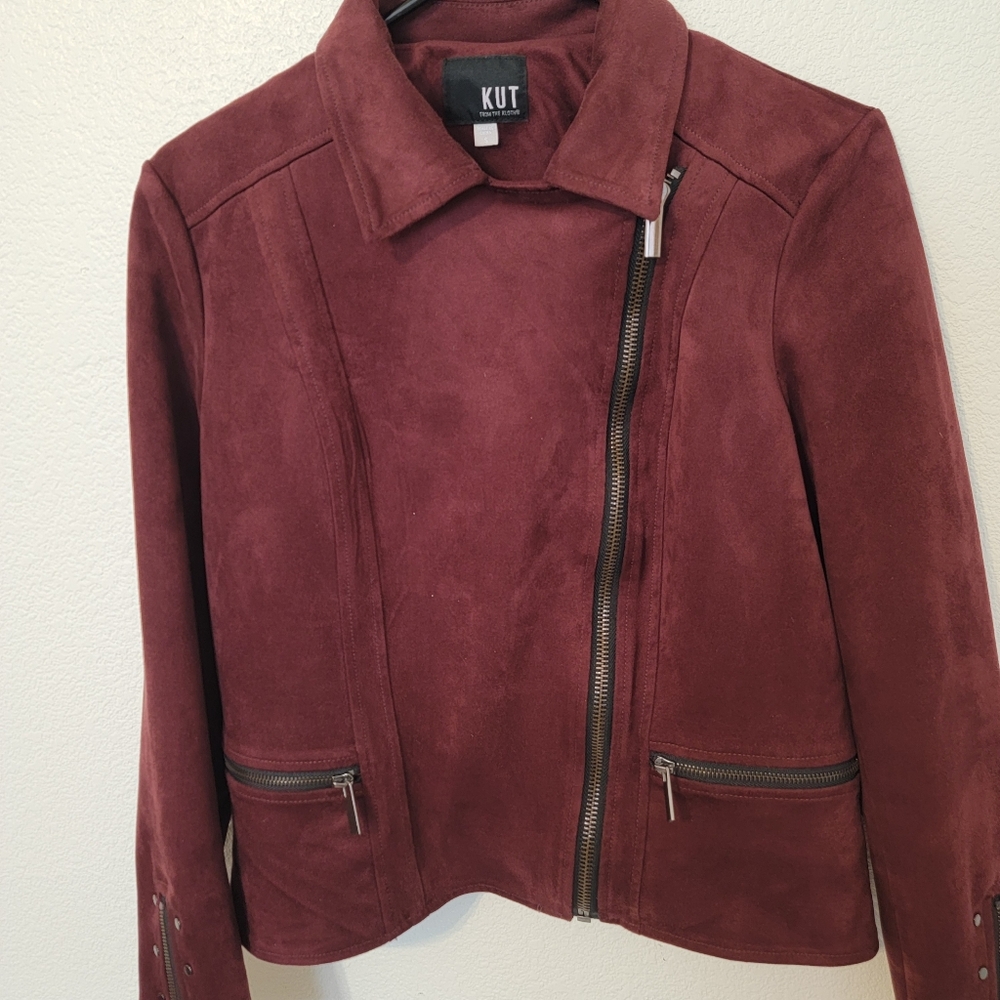 Kut From The Kloth Burgandy Faux Suede Full Zip Crop Jacket SZ S